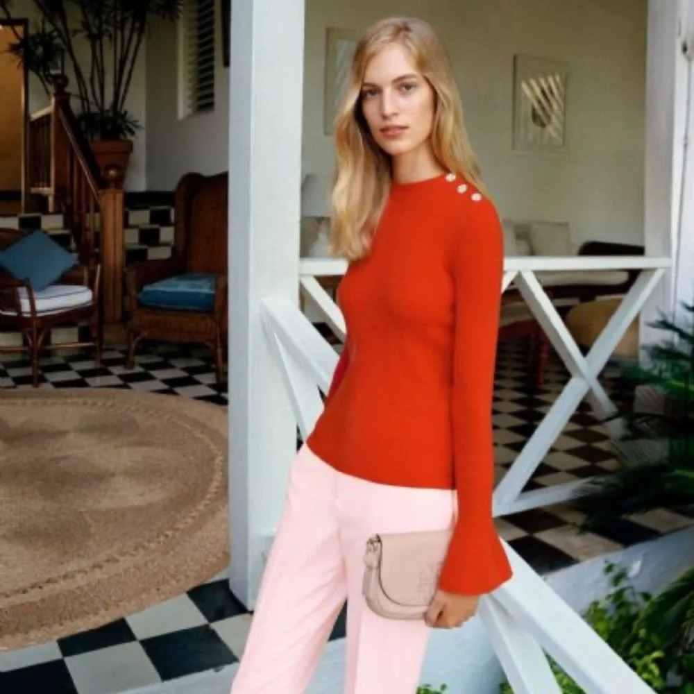 Tory Burch Kimberly Red Merino Wool Bell Sleeve Blouse